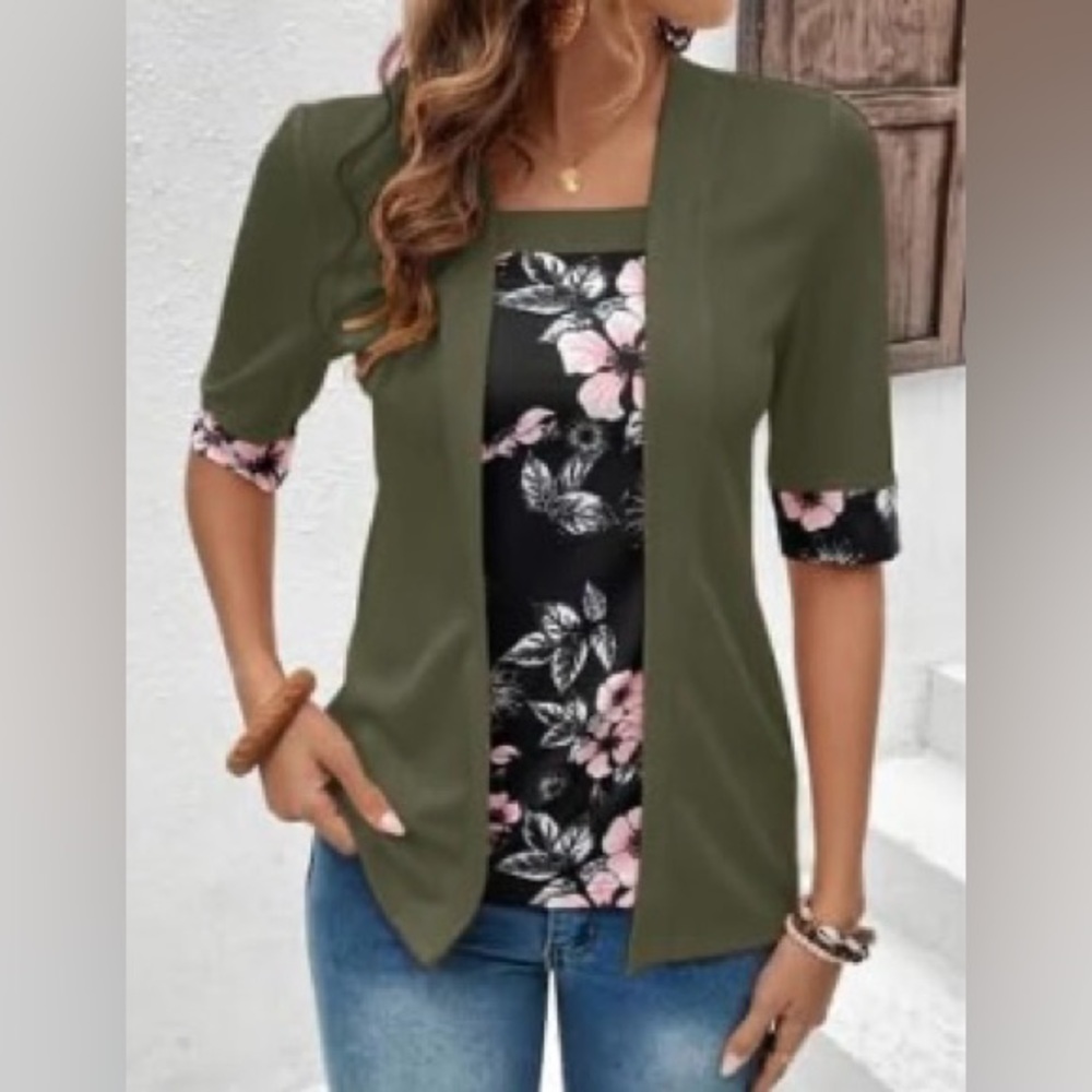 Floral Print Half Sleeve Faux Two-Piece Top XL NIP